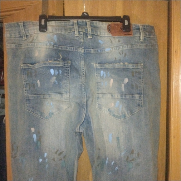 Refinery Republic Distressed Jeans - Pink And Blue Paint Splatter w/ Tan Accents - Picture 4 of 12